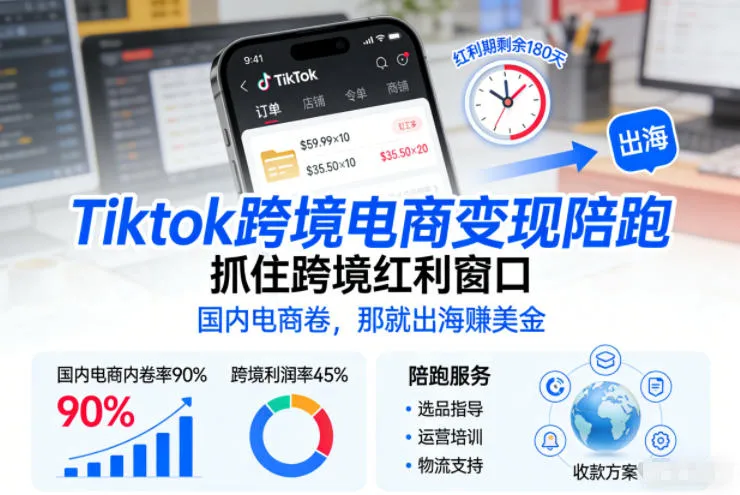 Tiktok跨境电商变现陪跑，抓住跨境红利窗口，国内电商卷，那就出海賺美金-轻创