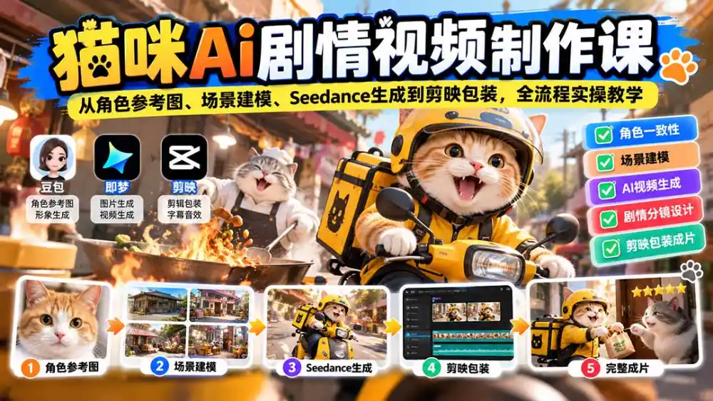 猫咪AI剧情视频制作课：从角色参考图、场景建模、Seedance生成到剪映包装，全流程实操教学-豌豆轻创