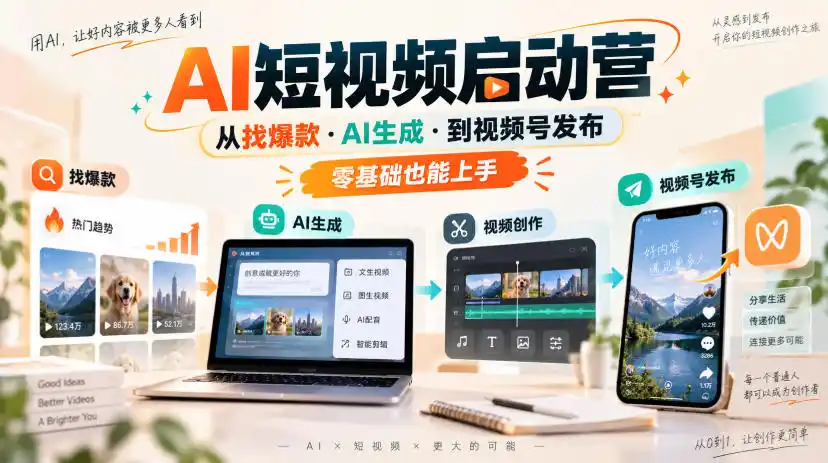 AI短视频启动营，从找爆款·AI生成·到视频号发布，零基础也能上手-豌豆轻创