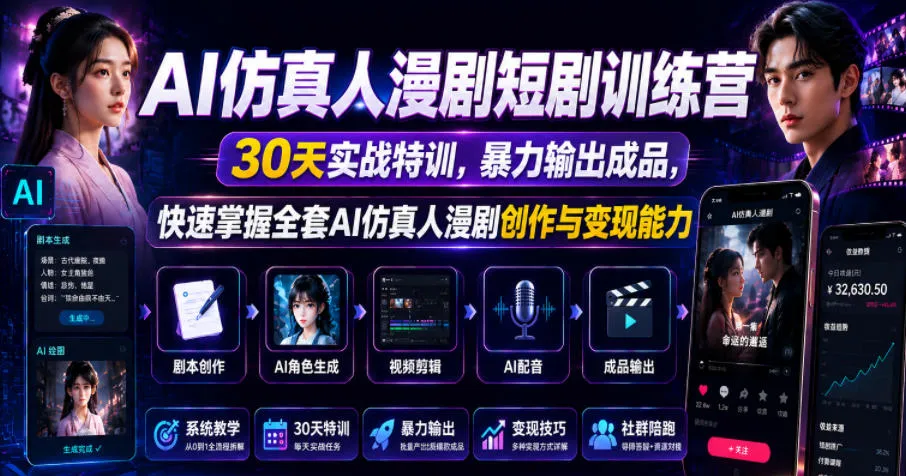 AI仿真人漫剧短剧训练营，30天实战特训，暴力输出成品，快速掌握全套AI仿真人漫剧创作与变现能力-豌豆轻创