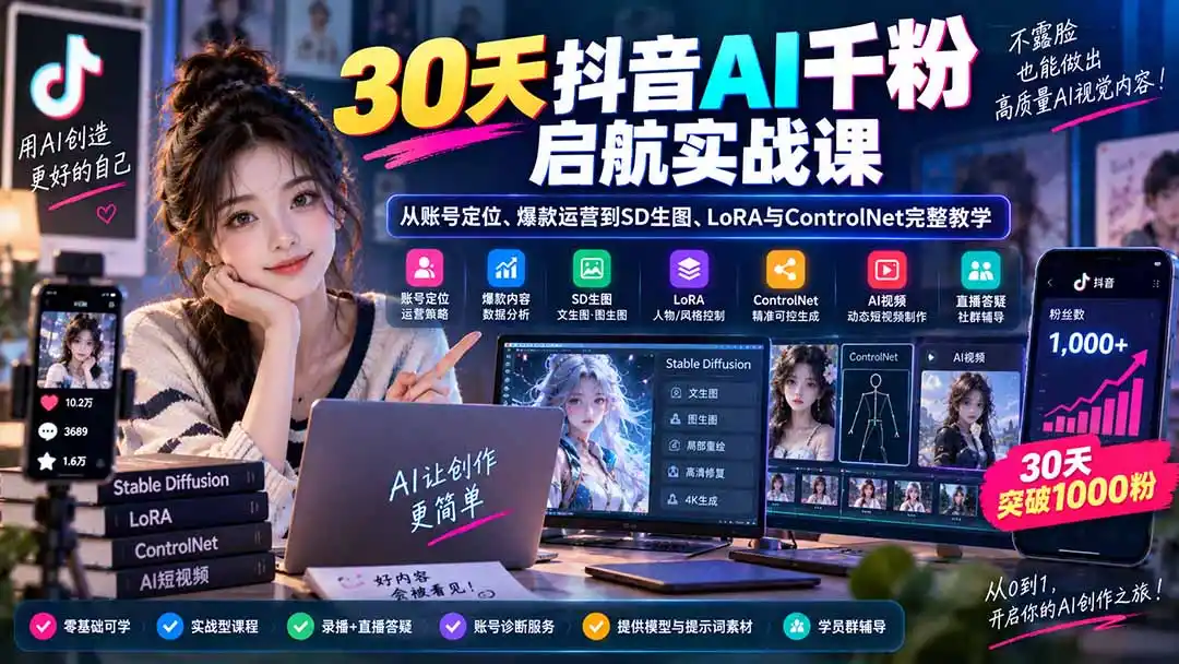 30天抖音AI千粉启航实战课：从账号定位、爆款运营到SD生图、LoRA与ControlNet完整教学-豌豆轻创