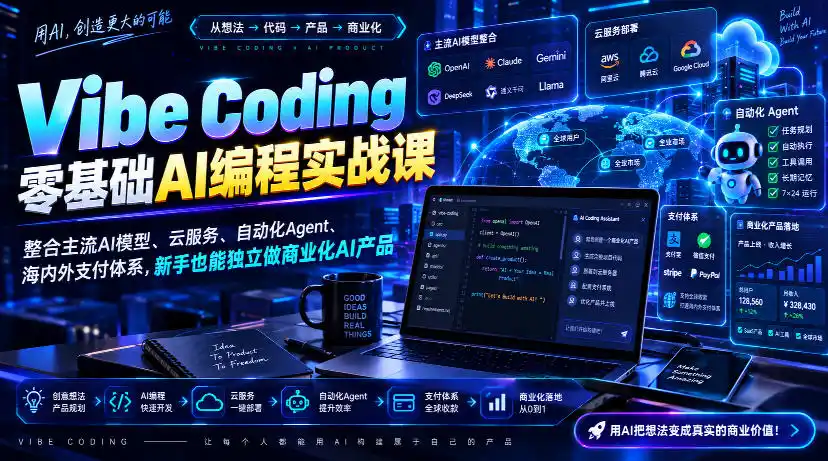 Vibe Coding零基础AI编程实战课-无水印，整合主流AI模型、云服务、自动化Agent、海内外支付体系，新手也能独立做商业化AI产品-豌豆轻创