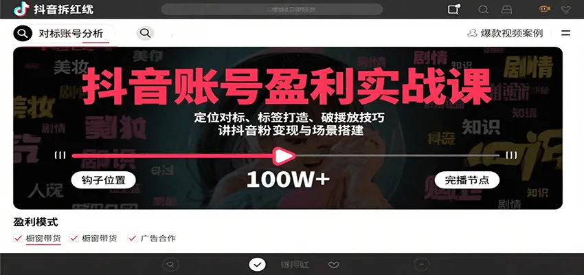 抖音账号盈利实战课，定位对标、标签打造、破播放技巧，讲涨粉变现与场景搭建-轻创