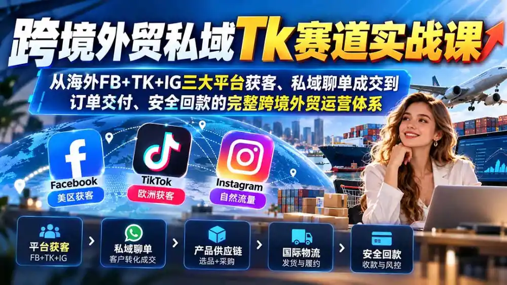 跨境外贸私域Tk赛道实战课：从海外FB+TK+IG三大平台获客、私域聊单成交到订单交付、安全回款的完整跨境外贸运营体系-豌豆轻创