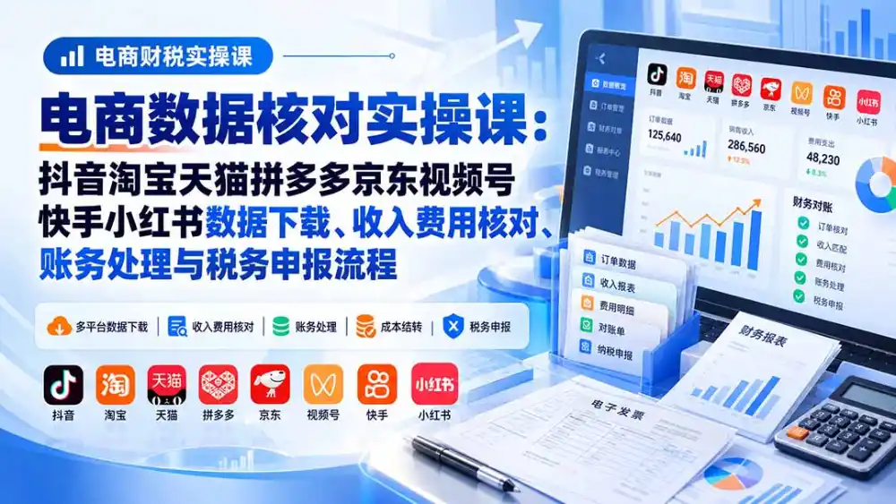 电商数据核账实操课：抖音淘宝天猫拼多多京东视频号快手小红书数据下载、收入费用核对、账务处理与税务申报流程-豌豆轻创