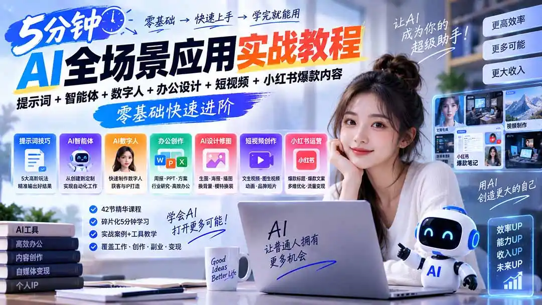 AI全场景应用实战教程｜提示词+智能体+数字人+办公设计+短视频+小红书爆款内容，零基础快速进阶-豌豆轻创