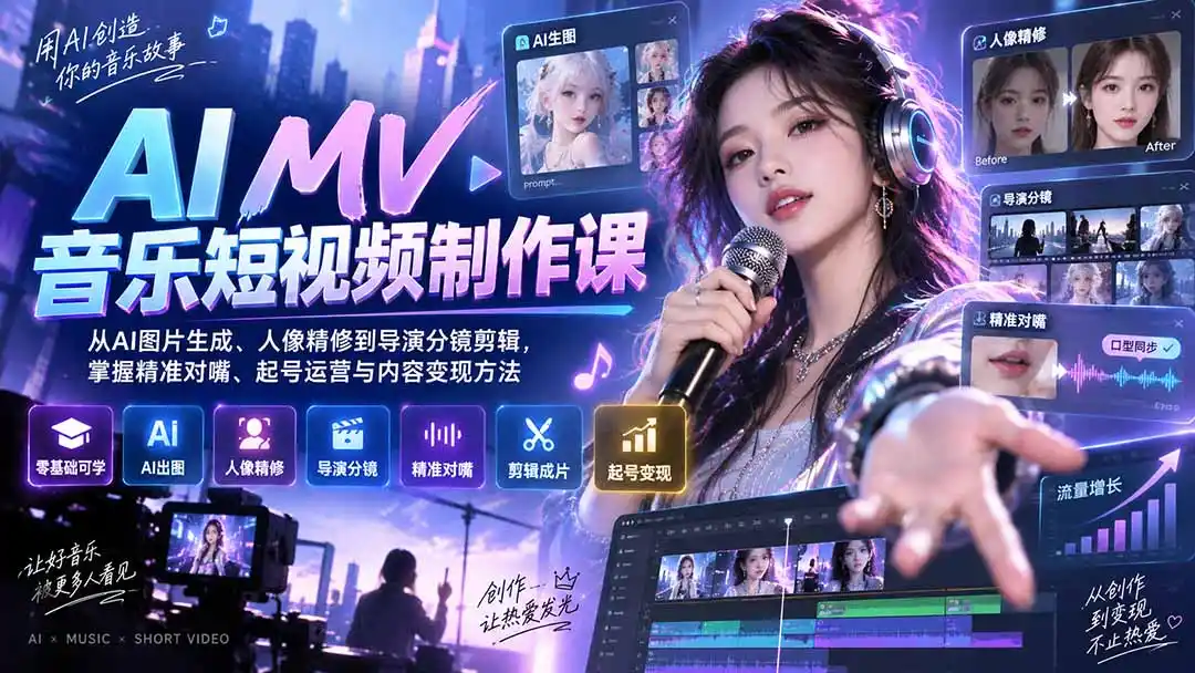 AI MV音乐短视频制作课：从AI图片生成、人像精修到导演分镜剪辑，掌握精准对嘴、起号运营与内容变现方法-豌豆轻创