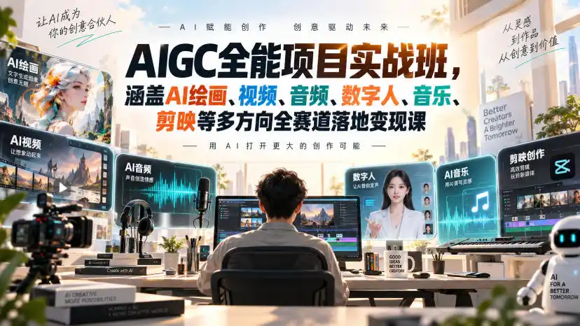 AIGC全能项目实战班，涵盖AI绘画、视频、音频、数字人、音乐、剪映等多方向全赛道落地变现课-豌豆轻创