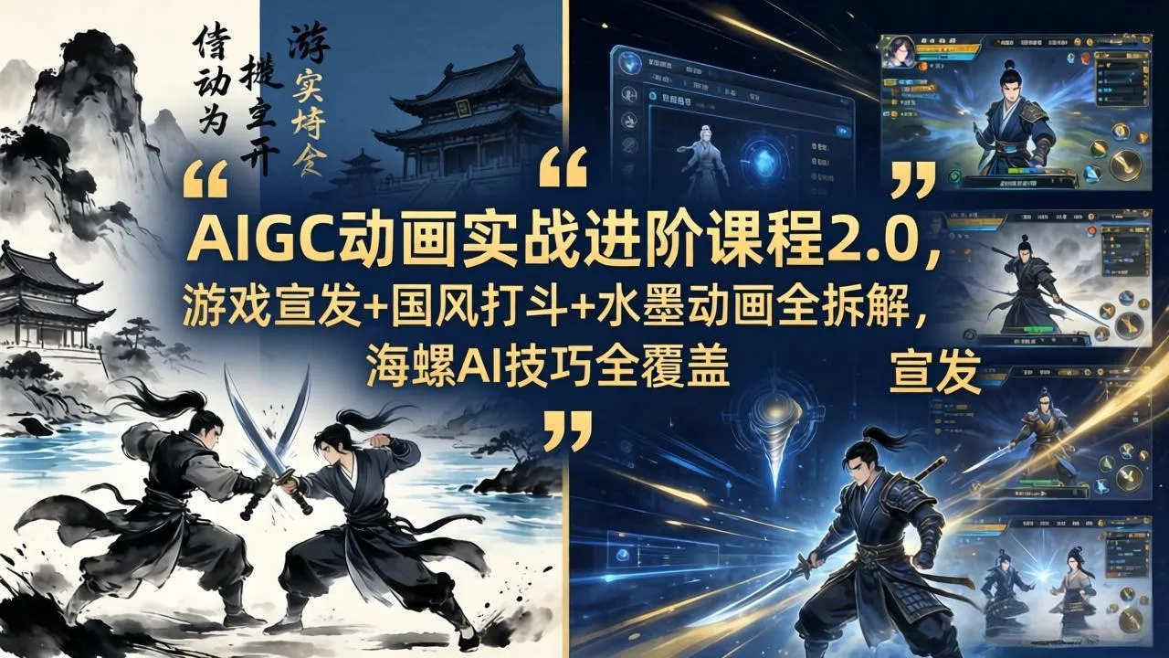 AIGC动画实战进阶课程2.0，游戏宣发+国风打斗+水墨动画全拆解，海螺AI技巧全覆盖-豌豆轻创