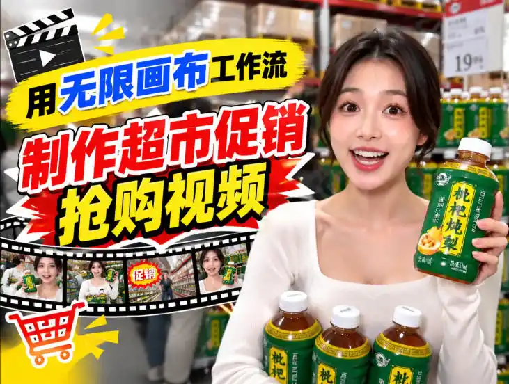 无限画布超市促销抢购视频工作流，一键产出TikTok抖音带货短视频-豌豆轻创
