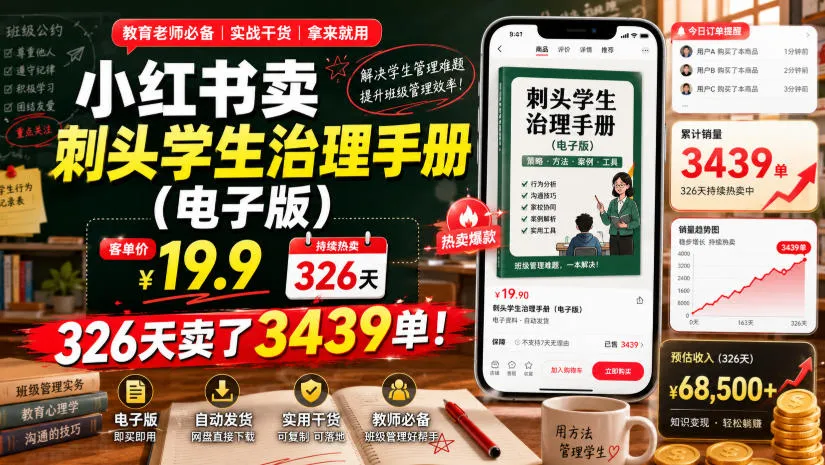 小红书卖刺头学生治理手册(电子版),客单价19.9,326天卖了3439单!-豌豆轻创