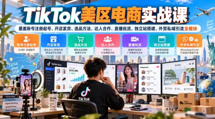TikTok美区电商实战课，覆盖账号注册起号、开店发货、选品方法、达人合作、直播投流、独立站搭建、外贸私域引流全模块-豌豆轻创