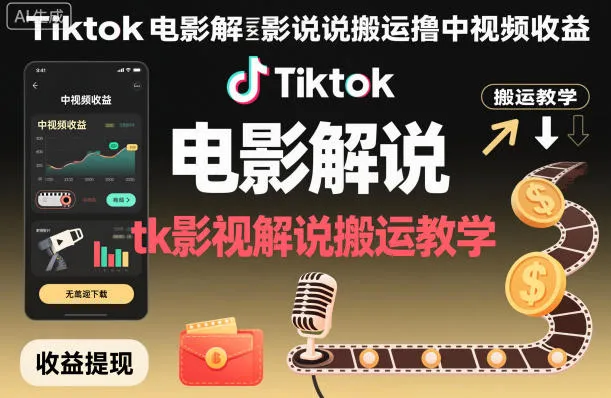 Tiktok电影解说搬运撸中视频收益，tk影视解说搬运教学-轻创