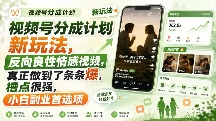 视频号分成计划新玩法,反向良性情感视频,真正做到了条条爆,槽点很强,小白副业首选项-豌豆轻创