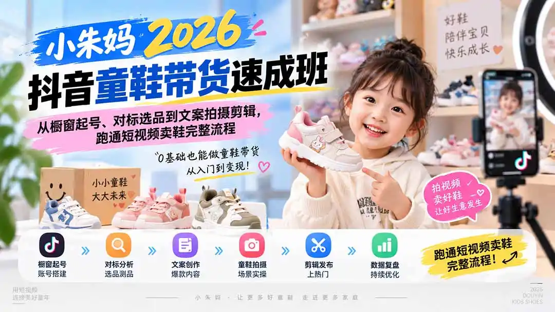 小朱妈2026抖音童鞋带货速成班:从橱窗起号、对标选品到文案拍摄剪辑,跑通短视频卖鞋完整流程-豌豆轻创