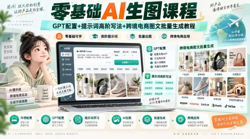 零基础AI生图课程，GPT配置+提示词高阶写法+跨境电商图文批量生成教程-豌豆轻创