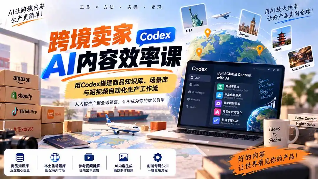 跨境卖家AI内容效率课：用Codex搭建商品知识库、场景库与短视频自动化生产工作流-豌豆轻创