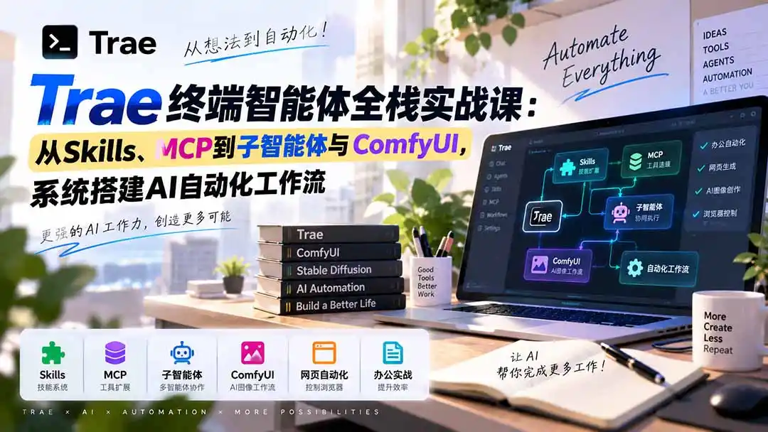 Trae终端智能体全栈实战课：从Skills、MCP到子智能体与ComfyUI，系统搭建AI自动化工作流-豌豆轻创