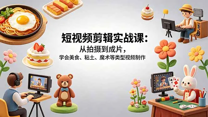 短视频剪辑实战课：从拍摄到成片，学会美食、粘土、魔术等类型视频制作-豌豆轻创