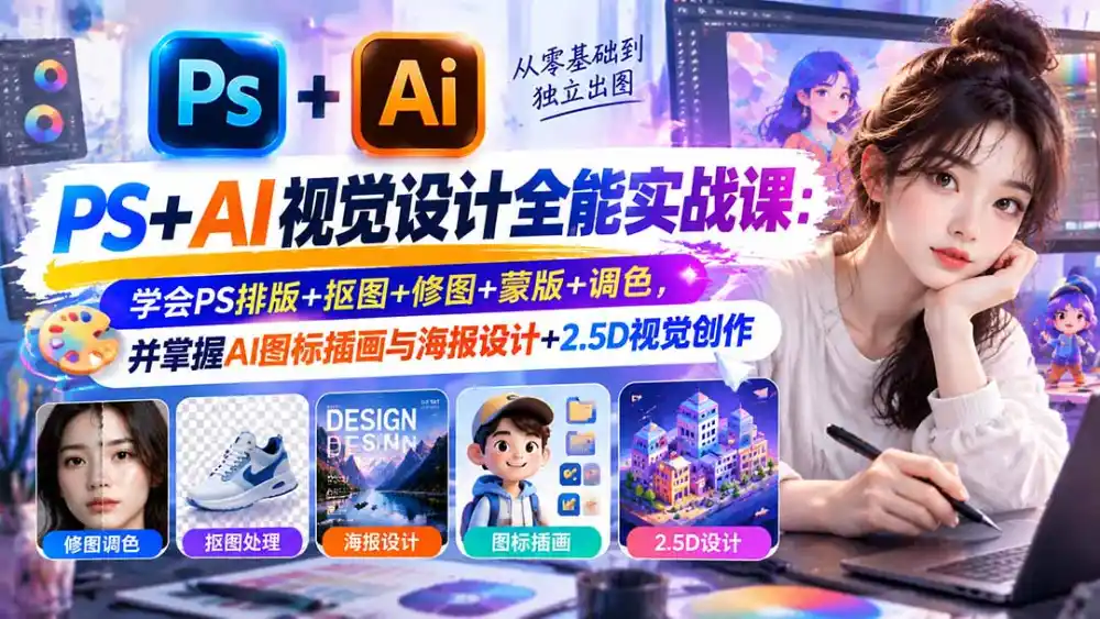 【无水印】PS+AI视觉设计全能实战课：学会PS排版+抠图+修图+蒙版+调色，并掌握AI图标插画与海报设计+2.5D视觉创作-豌豆轻创