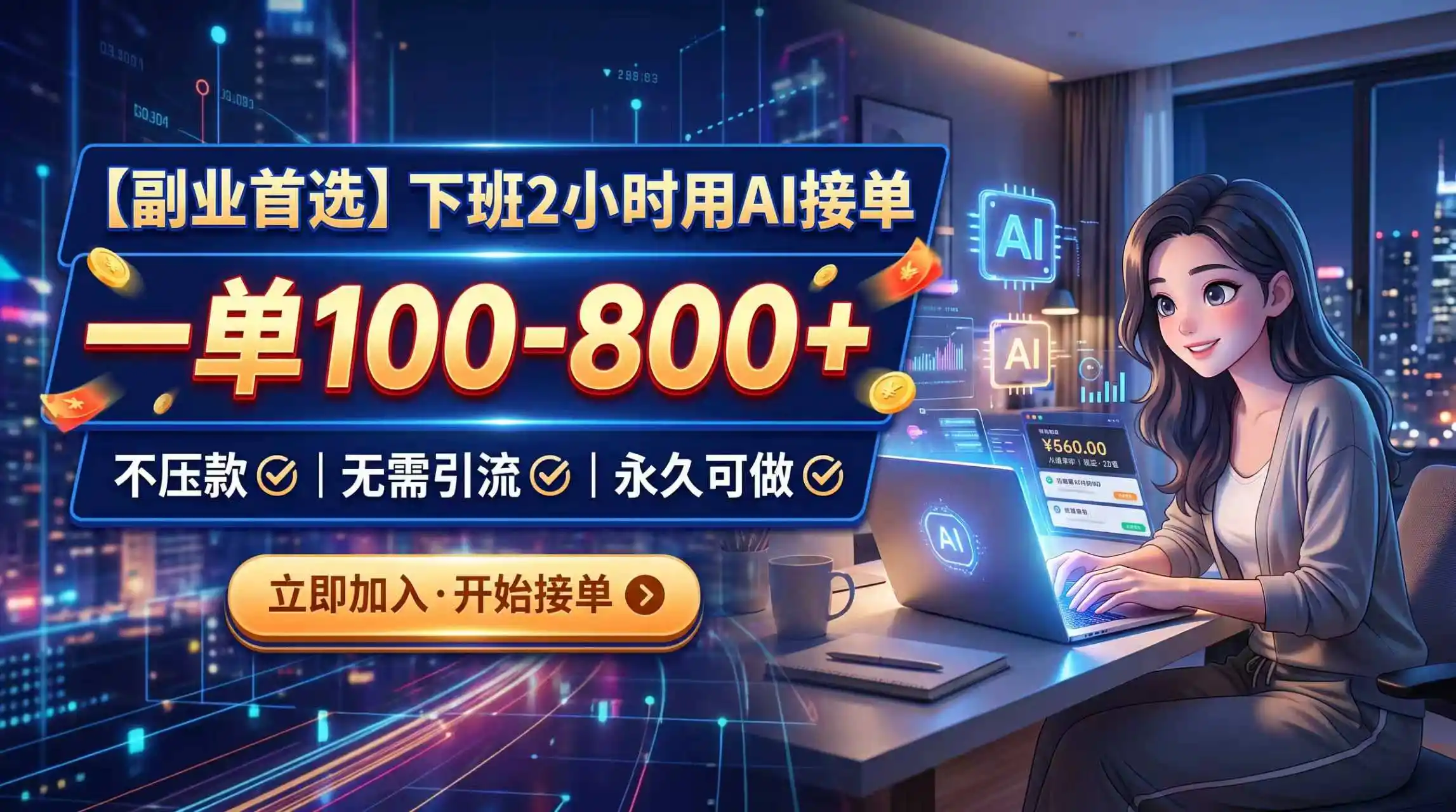 下班2小时用AI接单，一单100-800+，不压款，无需引流，永久可做-豌豆轻创