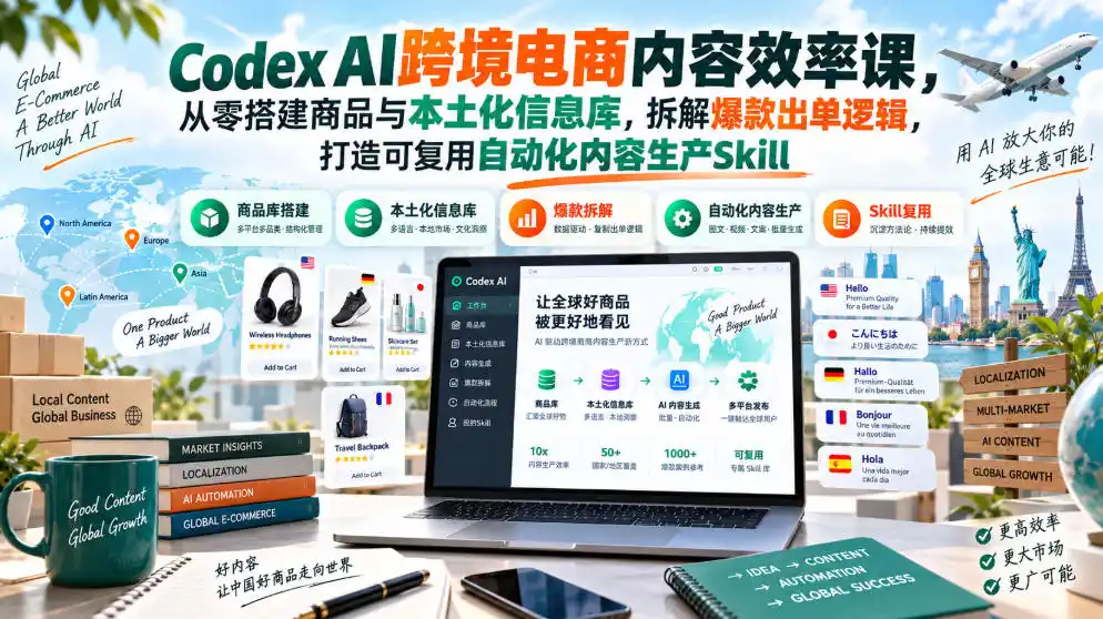 Codex AI跨境电商内容效率课，从零搭建商品与本土化信息库，拆解爆款出单逻辑，打造可复用自动化内容生产Skill-豌豆轻创