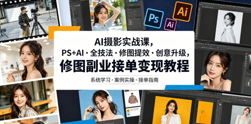 AI摄影实战课,PS+AI・全技法・修图提效・创意升级,修图副业接单变现教程-豌豆轻创