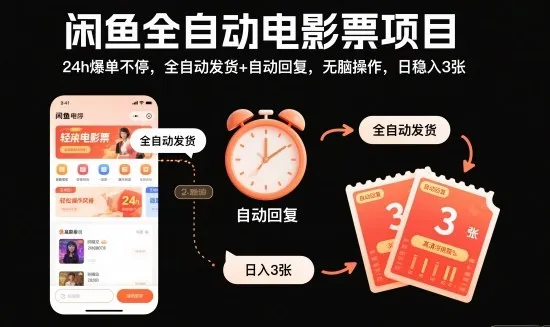 闲鱼全自动电影票项目，24h爆单不停，全自动发货+自动回复，无脑操作，日稳入3张【揭秘】-轻创