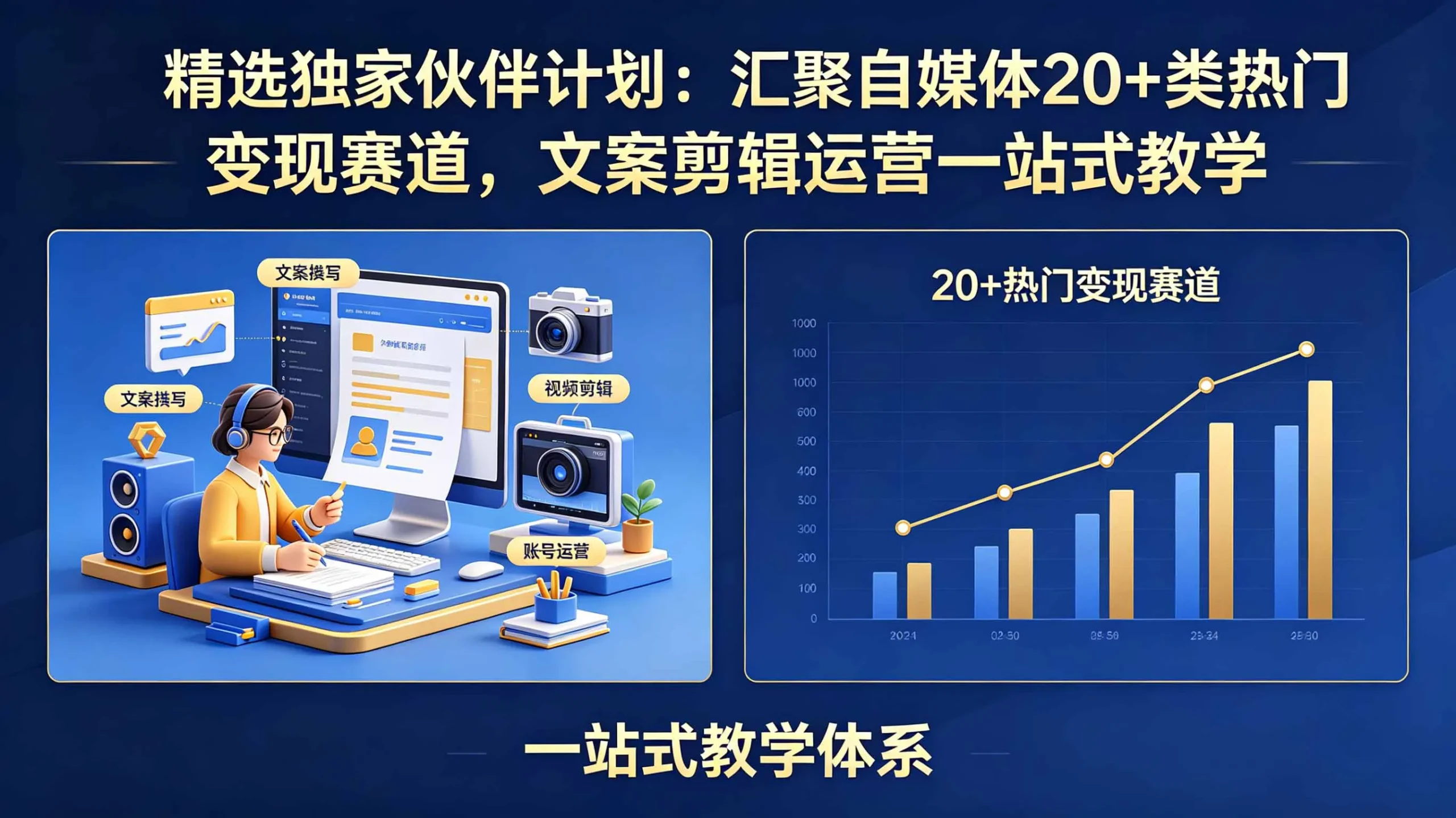 精选独家伙伴计划：汇聚自媒体20+类热门变现赛道，文案剪辑运营一站式教学-豌豆轻创