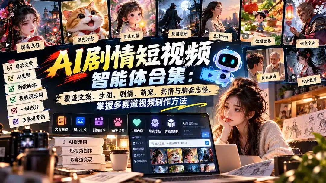 【无水印】AI剧情短视频智能体合集：覆盖文案、生图、剧情、萌宠、共情与聊斋志怪，掌握多赛道视频制作方法-豌豆轻创