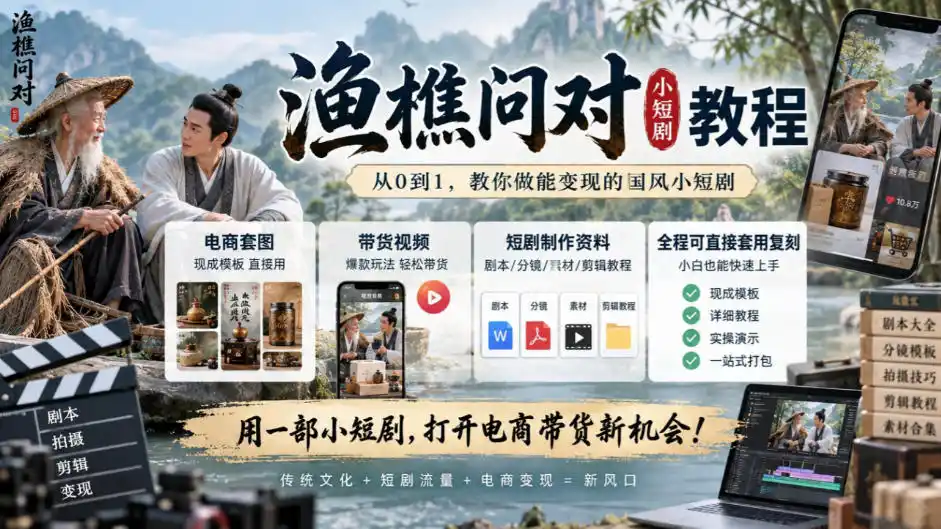 渔樵问对小短剧教程，包含电商套图、带货视频，短剧制作资料，全程可直接套用复刻-豌豆轻创