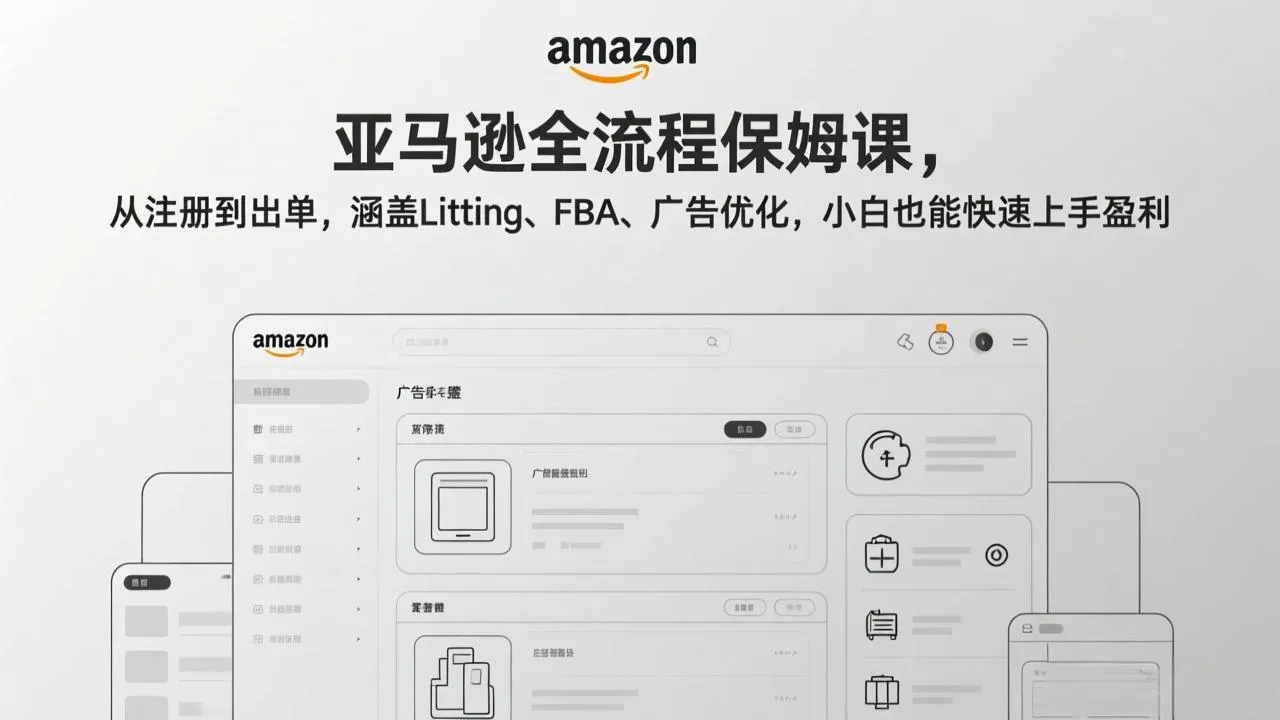 亚马逊全流程保姆课，从注册到出单，涵盖Listing、FBA、广告优化，小白也能快速上手盈利-轻创