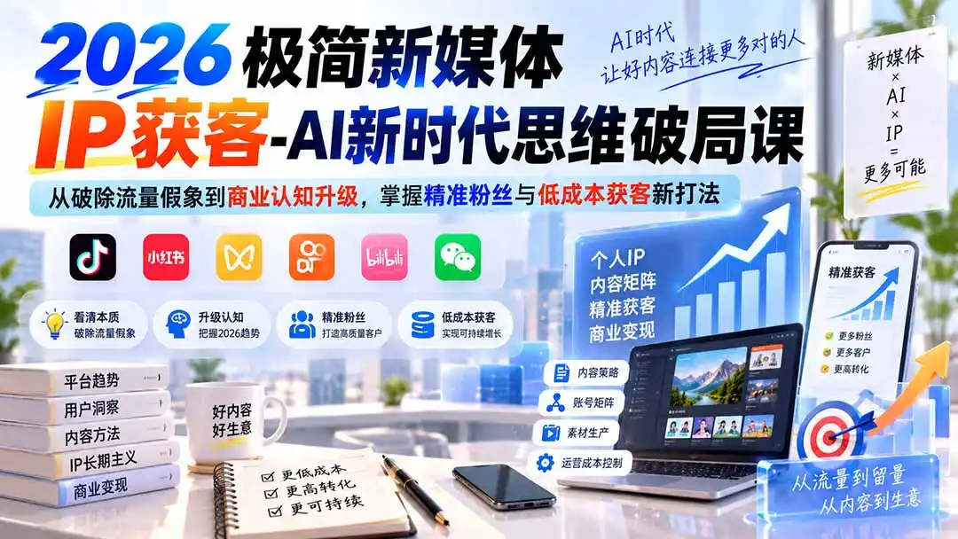 2026极简新媒体IP获客-AI新时代思维破局课:从破除流量假象到商业认知升级,掌握精准粉丝与低成本获客新打法-豌豆轻创