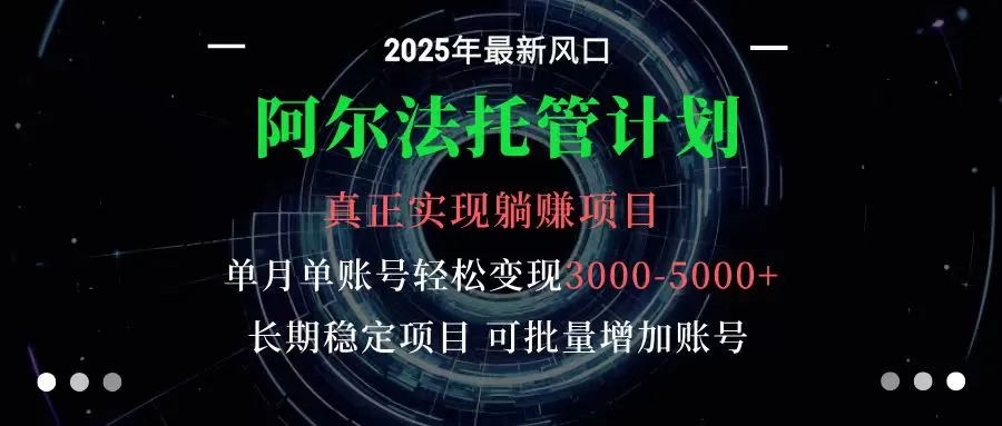 阿尔法托管计划 单账号月入3000-5000,长期稳定项目,新手小白轻松上手-轻创