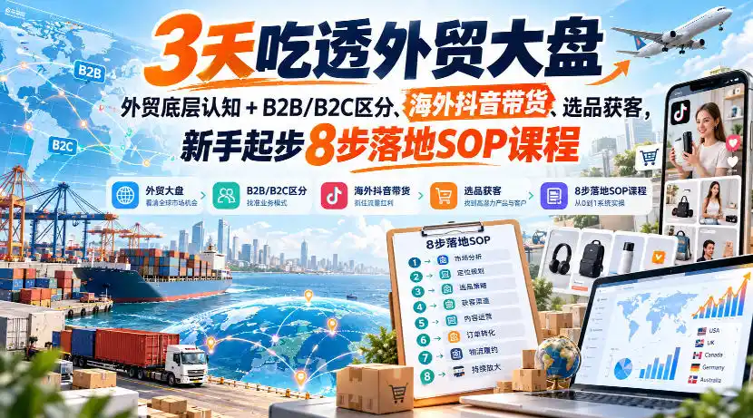 3天吃透外贸大盘，外贸底层认知+B2B/B2C区分、海外抖音带货、选品获客，新手起步8步落地SOP课程-豌豆轻创