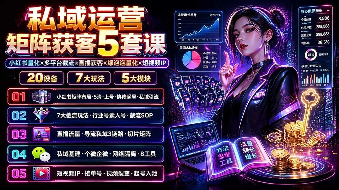 私域运营矩阵获客5套课：小红书量化×多平台截流×直播获客×绿泡泡量化×短视频IP×20设备×7大玩法-豌豆轻创