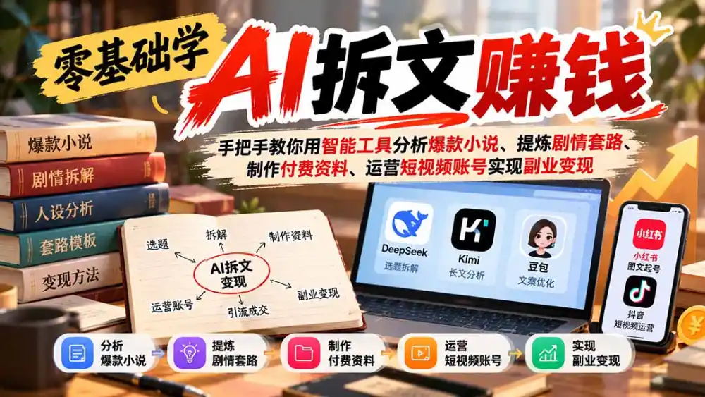 零基础学AI拆文赚钱：手把手教你用智能工具分析爆款小说、提炼剧情套路、制作付费资料、运营短视频账号实现副业变现-豌豆轻创