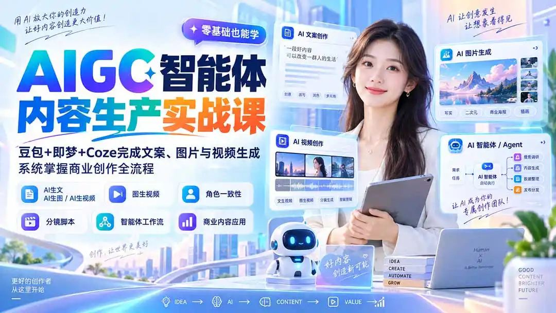 AIGC智能体内容生产实战课：豆包+即梦+Coze完成文案、图片与视频生成，系统掌握商业创作全流程-豌豆轻创