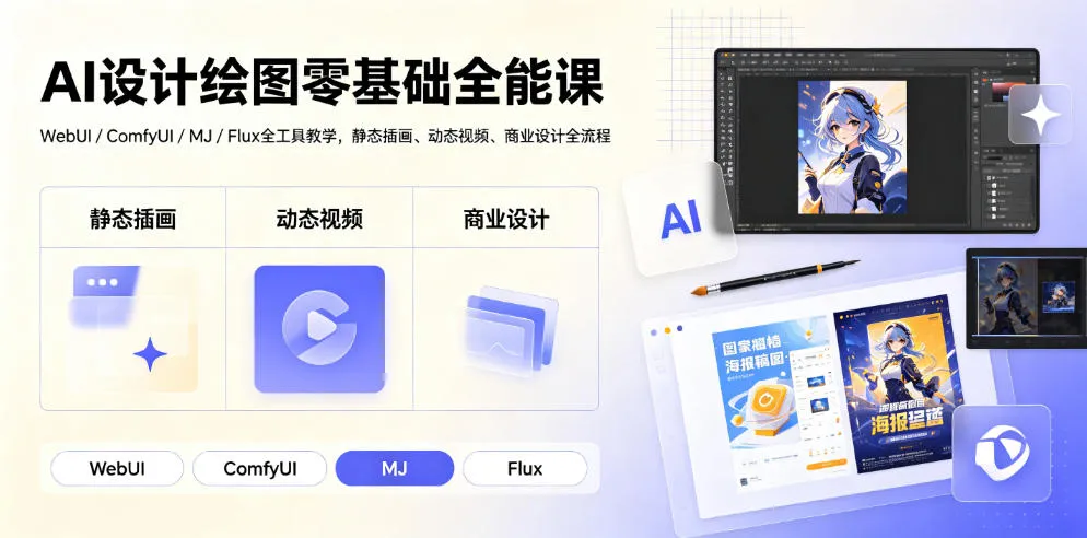 AI设计绘图零基础全能课｜WebUI/ComfyUI/MJ/Flux全工具教学，静态插画、动态视频、商业设计全流程-豌豆轻创