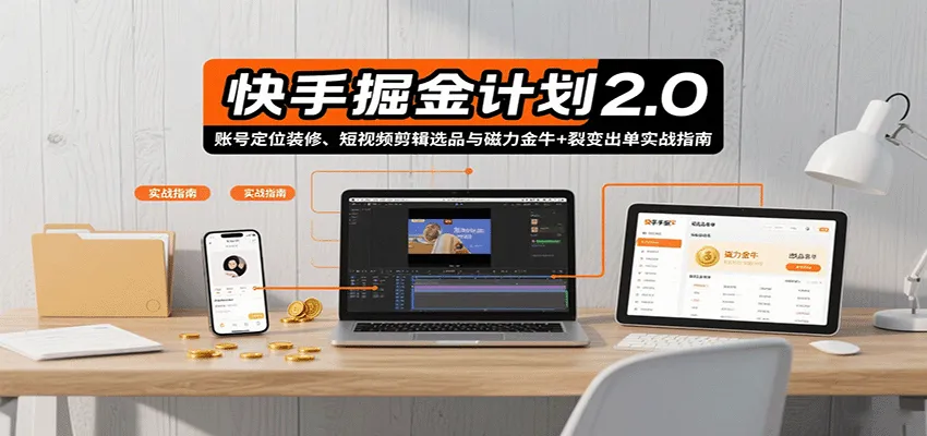 快手掘金计划2.0，账号定位装修、短视频剪辑选品与磁力金牛+裂变出单实战指南-轻创