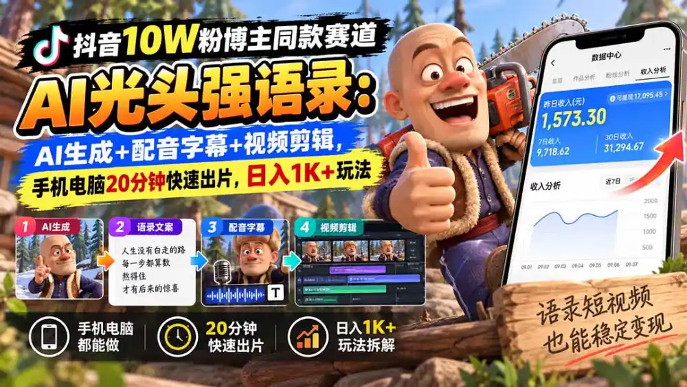 【无水印】抖音10W粉博主同款赛道AI光头强语录：AI生成+配音字幕+视频剪辑，手机电脑20分钟快速出片，日入1K+玩法-豌豆轻创