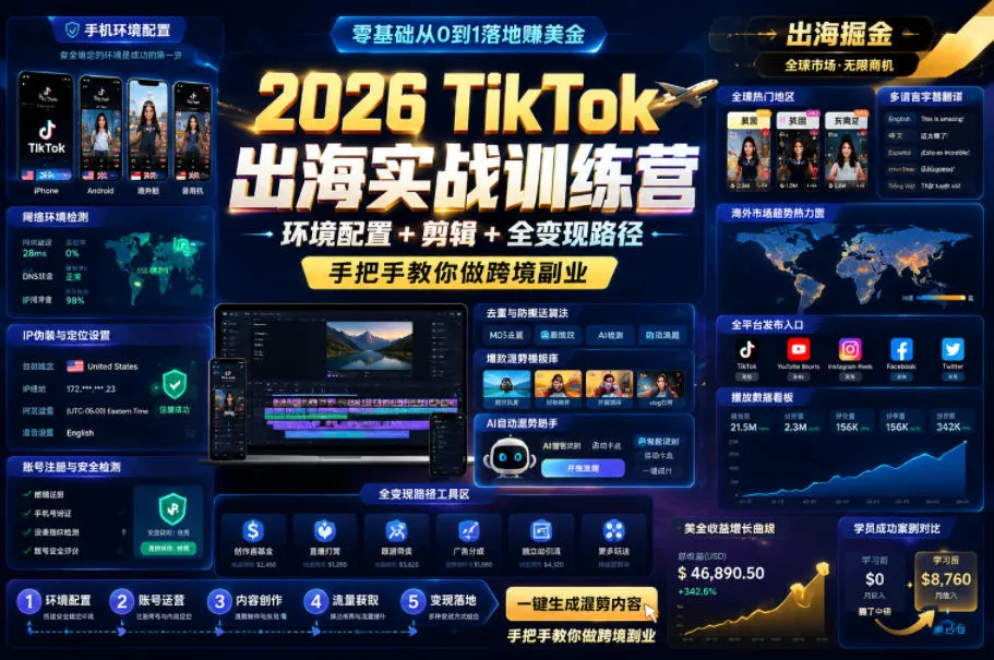 2026 TikTok出海实战训练营，环境配置 + 剪辑 + 全变现路径，手把手教你做跨境副业-豌豆轻创