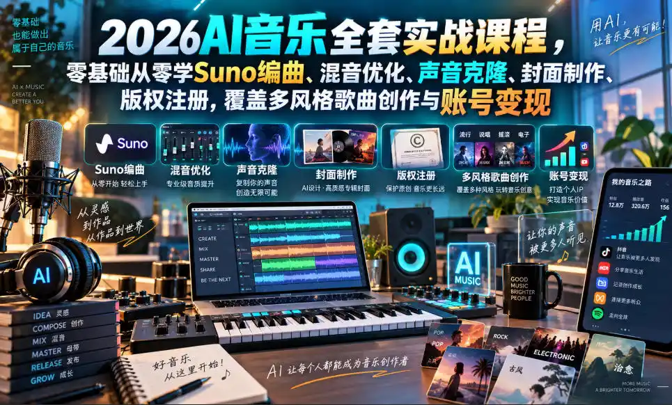 2026AI音乐实战课程，零基础从零学Suno编曲、混音优化、声音克隆、版权注册，覆盖多风格歌曲创作与账号变现-豌豆轻创