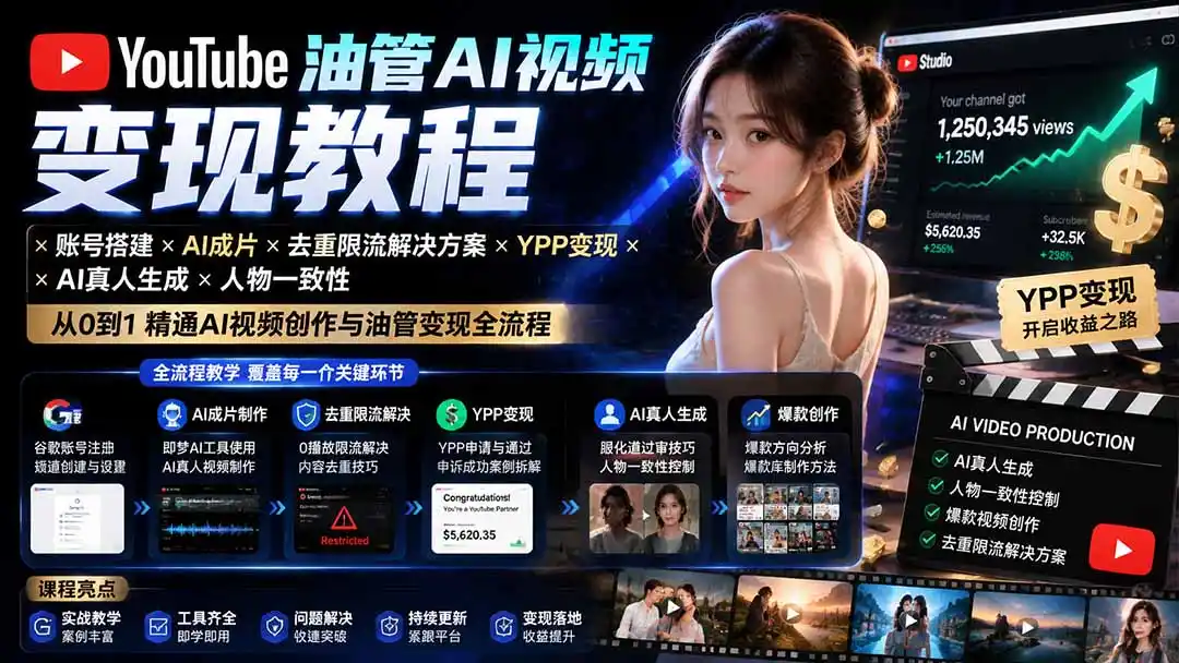 YouTube油管AI视频变现教程-更新0926：账号搭建×AI成片×去重限流解决方案×YPP变现×AI真人生成×人物一致性-豌豆轻创