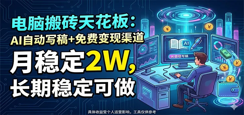 电脑搬砖天花板：AI自动写稿+免费变现渠道，月稳定2W，长期稳定可做-豌豆轻创