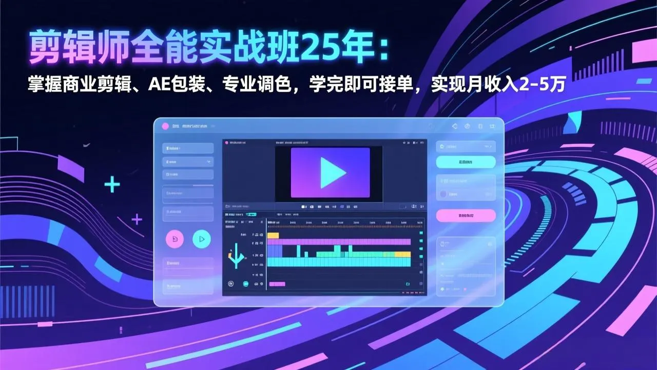 剪辑师全能实战班25年：掌握商业剪辑、AE包装、专业调色，学完即可接单，实现月收入2-5万-轻创