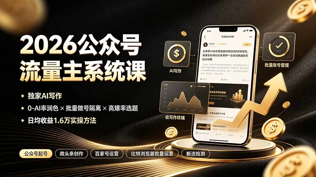 2026公众号流量主系统课：独家AI写作×0-AI率润色×批量做号隔离×高爆率选题，日均收益1.6万实操方法-豌豆轻创