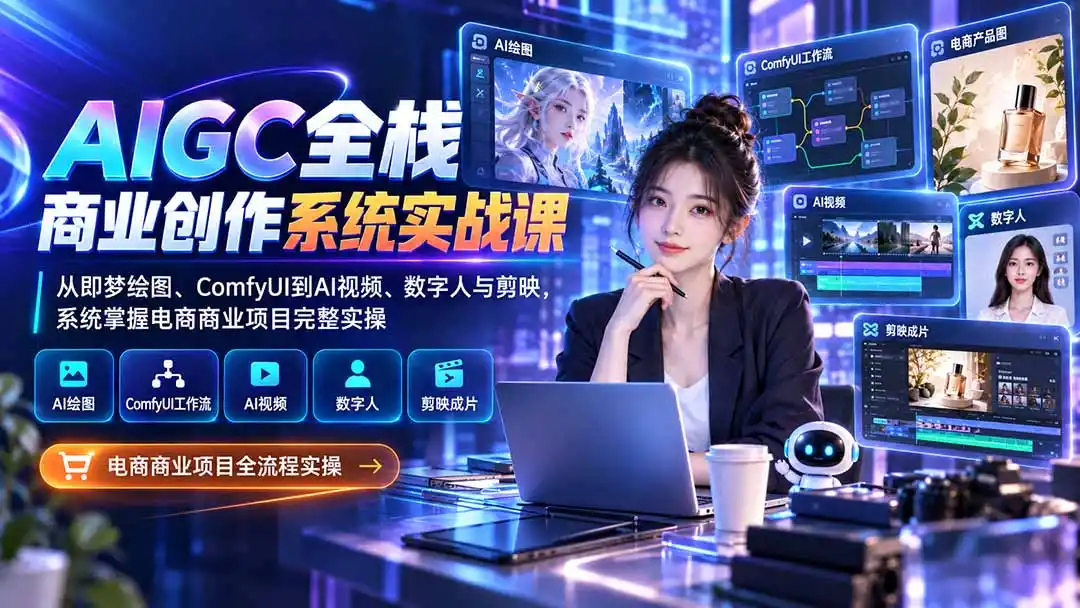 AIGC全栈商业创作系统实战课：从即梦绘图、ComfyUI到AI视频、数字人与剪映，系统掌握电商商业项目完整实操-豌豆轻创