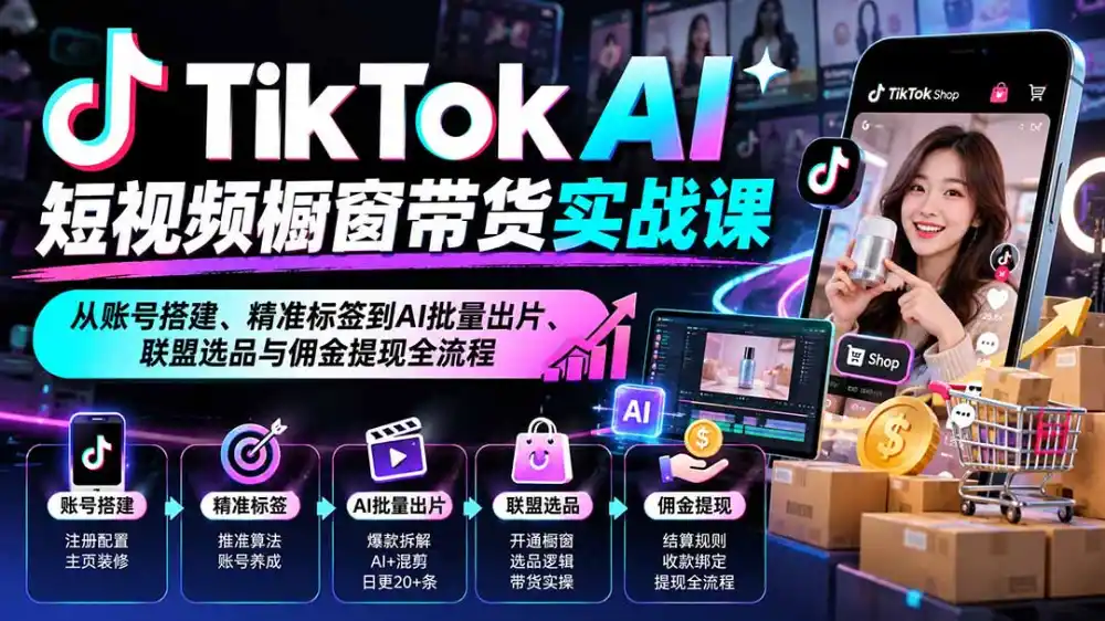 TikTok AI短视频橱窗带货实战课：从账号搭建、精准标签到AI批量出片、联盟选品与佣金提现全流程-豌豆轻创