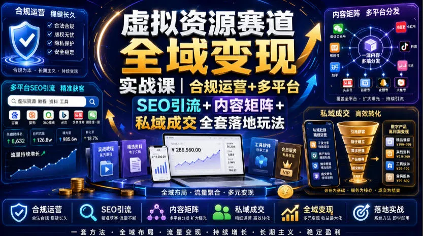 虚拟资源赛道全域变现实战课｜合规运营+多平台SEO引流+内容矩阵+私域成交全套落地玩法-豌豆轻创